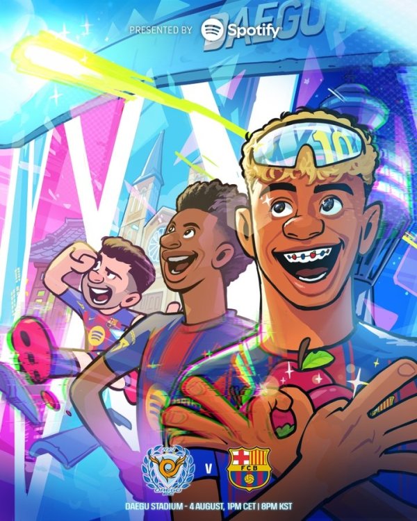 巴萨官推晒海报预热对阵大邱FC，亚马尔C位