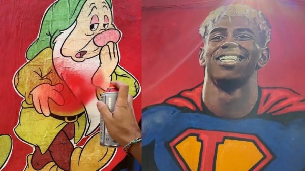 亚马尔的壁画仍是过创作家诞生，此前曾被7个小矮东说念主的涂鸦龙套