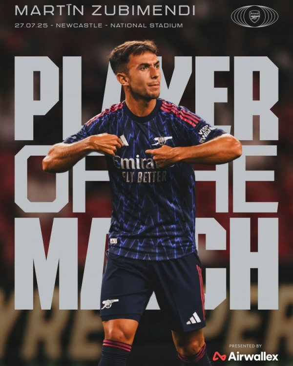 6500万欧强援！祖比门迪当选对阵纽卡一役阿森纳队内最好球员