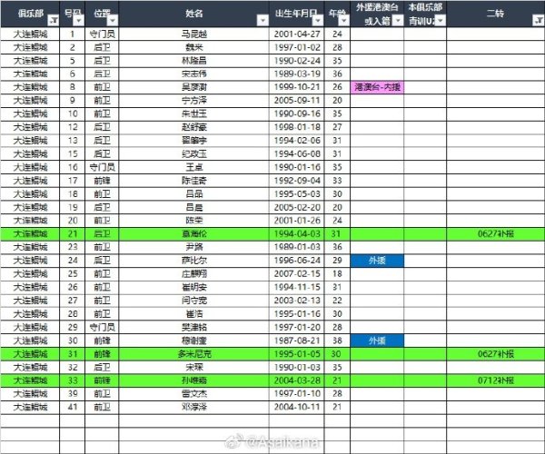 2025中甲联赛夏转后各队报名名单（绿色为夏转新报名球员） ​​