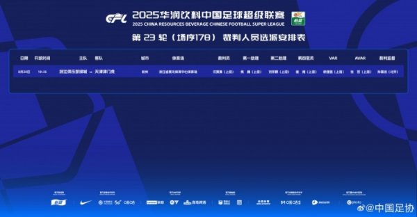 浙江队vs津门虎裁判安排：沈寅豪担任主裁判 VAR徐强强