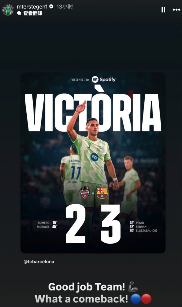 特狮社媒祝贺巴萨获胜：干得漂亮！🦾一场精彩的大逆转💙❤️