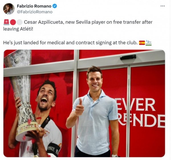 罗马诺：36岁阿斯皮利奎塔将免签加盟塞维利亚，已抵达采纳体检