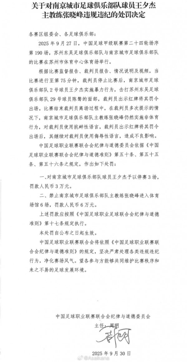 官方：南京城市球员王夕杰停赛3场罚3万，主帅张晓峰停赛6场罚6万