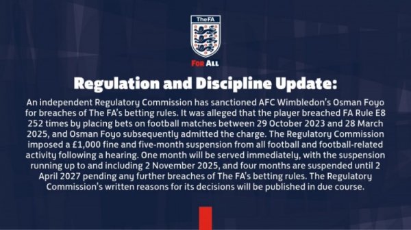 官方：英甲球员福约252次违犯博彩条例，被罚金1000镑+禁赛5个月