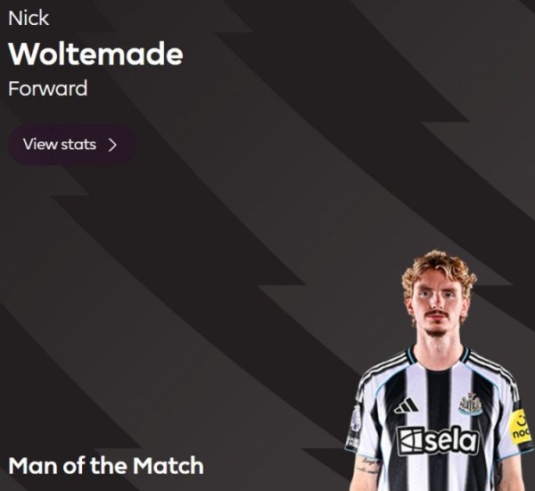 荟萃4场破门，英超官方：沃尔特马德当选纽卡1-2布莱顿全场最好