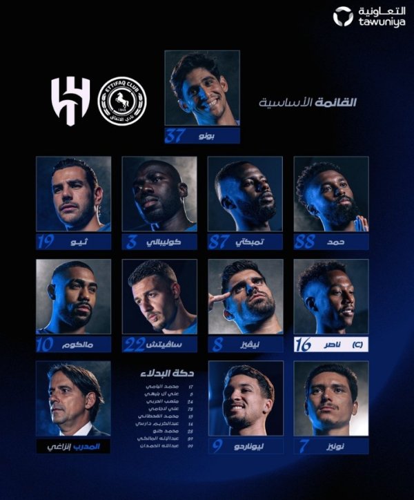 利雅得新月对阵达曼协作首发：努涅斯领衔，特奥、米林在列