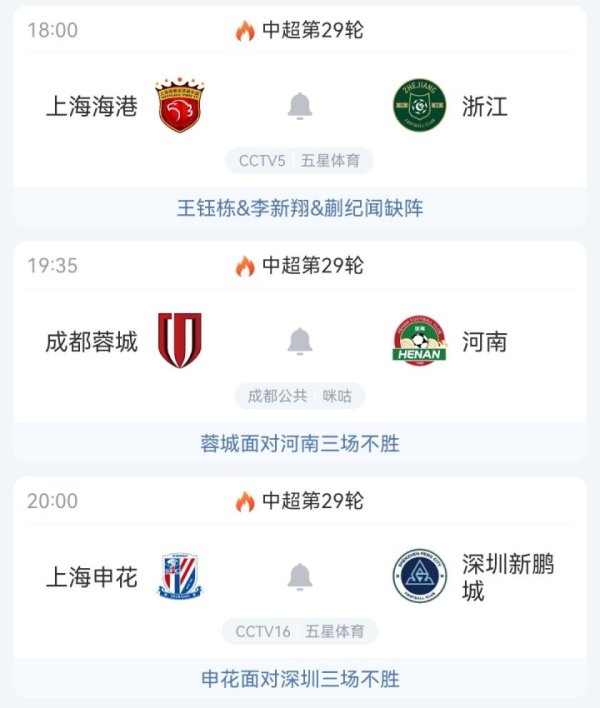 最快今晚夺冠！中超争冠3队出战 海港18点vs浙江赛后坐看蓉城申花