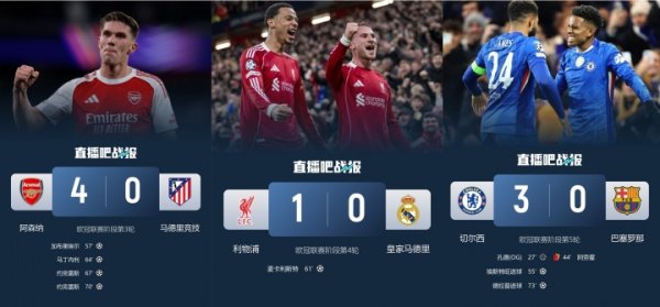 📉西甲雕零？阿森纳4-0马竞，利物浦1-0皇马，切尔西3-0巴萨